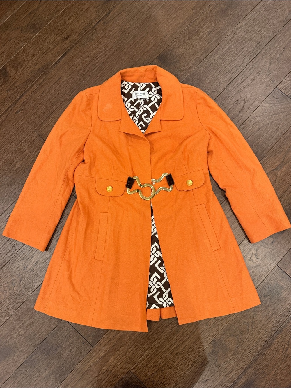 Skirtin Around Orange Horsebit Coat Geometric Lined Jacket Size Small? - C54-115